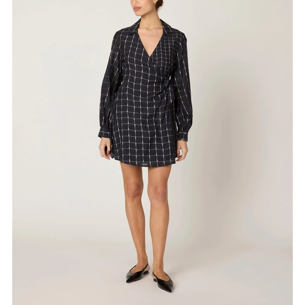 Cleobella Talia Mini Dress Size XL Saul Black Plaid Wrap Long Sleeve NWT